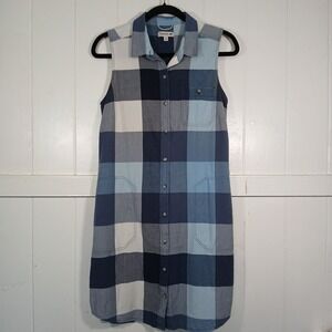Toad&Co Blue Buffalo Check Organic Cotton Sleeveless Shirt Dress Womens M
